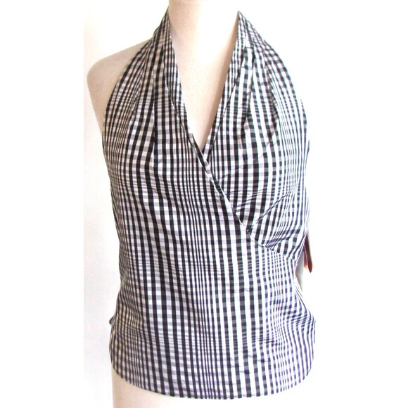 DESIGNER LAFAYETTE BLACK/WHITE GINGHAM 100% SILK WRAP HALTER BLOUSE SIZE 14.R - Picture 3 of 14